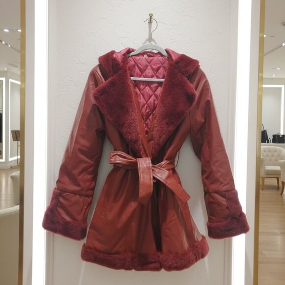 Burgundy Deep Red Faux Leather Fur Trimmed Coat Jacket A Line Peplum Style L 12 - Picture 5 of 6
